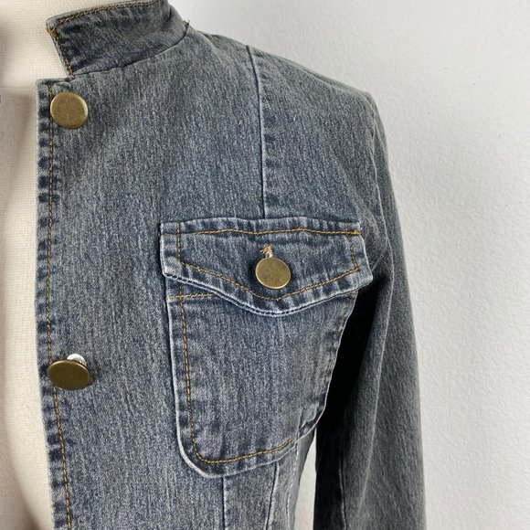 She's Cool Fitted Denim Jacket Pockets Mandarin Collar Button Front Dark Wash SM - Picture 3 of 11
